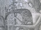 Девушка шьющая ткани на швейной машине - коне. Фрагмент эскиза к картине «Остановка Рязанские узоры» из серии «Провинция», 2015.