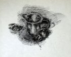 Still-life with a metal mug. Ink, feather. 30.5x43, 1990.