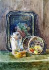 Still life with a tray \"Gzhel\" and a basket. 70x55 cm, watercolor on paper. 1992.