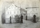 View of the Palace of Oleg from the bishop\'s bridge. Ryazan Kremlin. Plein air drawing. 50x70 cm, paper, graphite pencil. 1994.