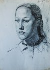 Portrait sketch of the girl. 40x30 cm, paper, sauce. 1996.
