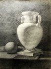 Figure plaster vases and bowl. Educational setting. 70х53 cm, paper, graphite pencil. 1992.