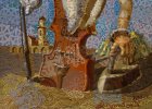 Fragment of the painting \"Dali’s Violin\" - the lower part: violin, bow, lighthouse fortress, iron, mountain and the character\'s hand.