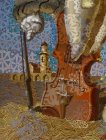 Fragment of the painting \"Dali’s Violin\" - lower part. The character\'s body is a violin; sea shell, bow, lighthouse fortress.