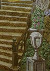 A fragment of the painting \"Morning.\" Forged stair railing, ornamental stage vase with roses and ivy. 