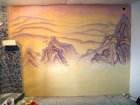 «A Mountain Landscape». A wall list acrylic paints on kitchen and in a drawing room.   An aerographics, a brush. A private sector. Vishnevaya street 32. Ryazan. 2011. 