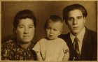 From left to right: Alexey Akindinov\'s grandmother in the area of mother is Fokina Zinaida Fedotovna, Alexey\'s mother – Ekaterina, Alexey\'s grandfather in the area of mother – Fokin Vasily Alekseevich. Photo about 1955. Ryazan region.