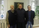 At the left – to the right, artists: Valery Cheryomin (Alexey\'s teacher), Alexey Akindinov, Valery Deyev. Opening of a personal exhibition of Alexey Akindinov \"Patterns\". 