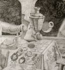 Gagarin\'s hands, slices of sugar and tea in a glass. A sketch fragment to a picture «Gagarin\'s Breakfast».