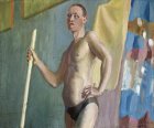 Young man with a pole. Male nude thematic staged model. 50x60 cm, oil on canvas. 1997.