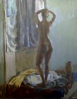 Standing Nude girl seen from behind. Theme posing with drapes and a pitcher. 78х60 cm leatherette oil. 1996.