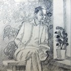 Sketch for the painting \"Vasily Shukshin\" (plot by the window), 26x26 cm, paper, graphite pencil, 2018.