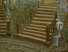 A fragment of the painting \"Morning.\" The bottom part of the picture: wrought-iron staircase, a vase of roses, ivy, trees, fancy steps. 