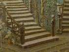 A fragment of the painting \"Evening.\" Ornamental wrought-iron staircase. 
