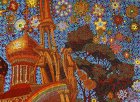 Evening stars. Trumpeting angels on the bell tower. Crohn\'s tree. The golden dome of the Assumption Cathedral. Detail of the painting \"To Chaine of the Ryazan Kremlin\"