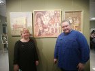 Alexey Akindinov and Svetlana Konstantinova - curator and participant of the exhibition, artist-teacher, head of the art school-studio \"Ornament\" with Alexey\'s paintings. Exhibition \"Inspiration by Ornament-2024\". Lyubertsy Art Gallery, 02/03/2024.