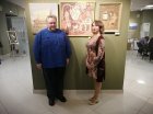 Alexey Akindinov and Ekaterina Orzhikhovskaya - artist-teacher, participant in the exhibition, with Alexey\'s paintings. Exhibition \"Inspiration by Ornament-2024\". Lyubertsy Art Gallery, 02/03/2024.