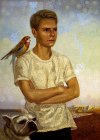 Portrait of the young man with a dog and a parrot.. 2010.  70x50 can/oil